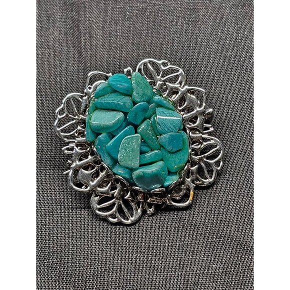 Vintage Silver-Tone Filigree Brooch With Aqua Turquoise Stone Chips Oval Design - Picture 2 of 6